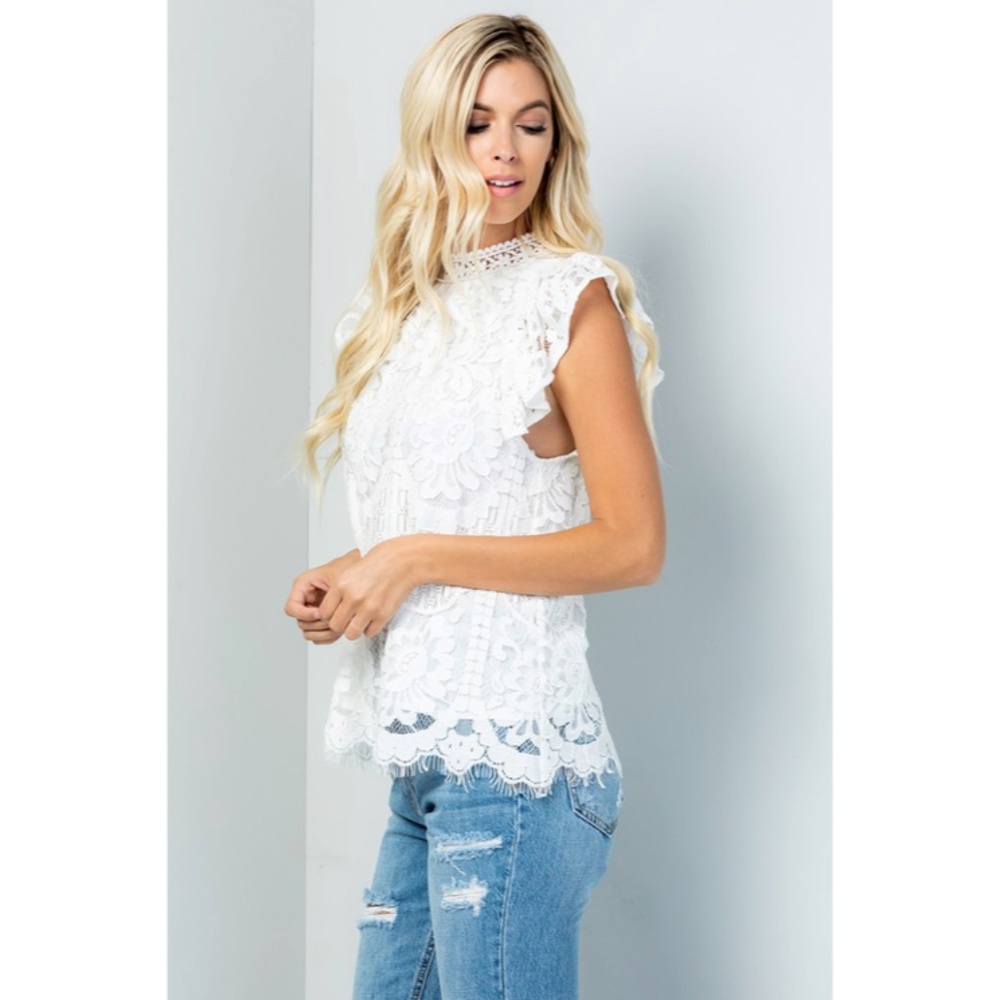 SOLD OUT White Eyelash Lace Romantic Mock Neck Ruffled Cap Sleeve Top Blouse - Picture 9 of 9